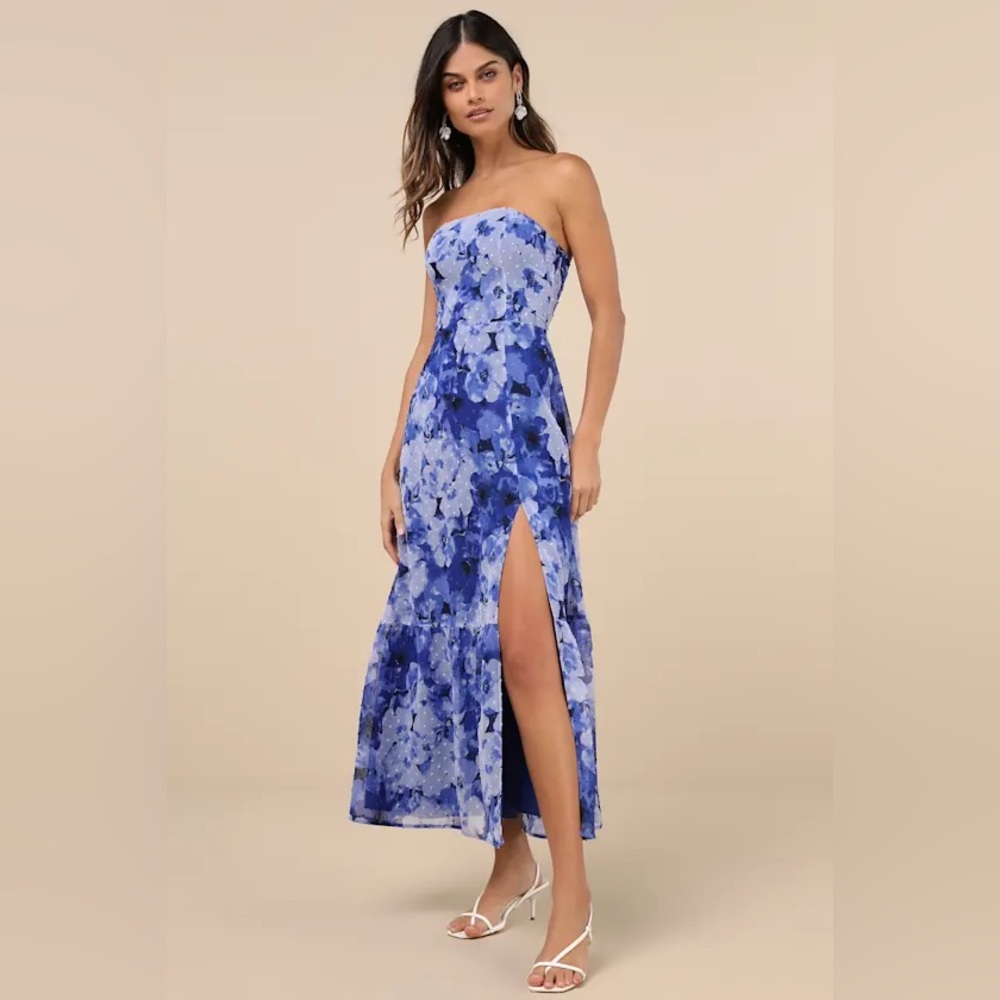 Blue and Lavender Floral Strapless Midi Dress